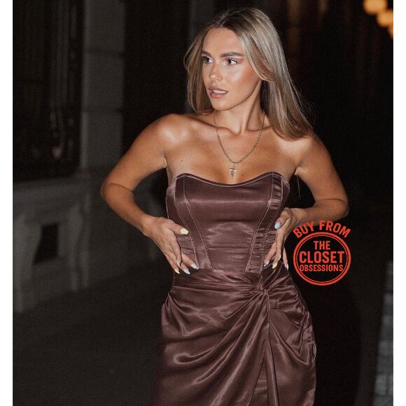 ZARA Strapless Satin Short Dress NWT Brown Size L - Picture 7 of 16